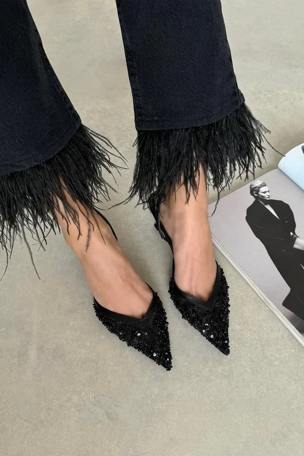 Mony Kadın Pul Detay Topuklu Ayakkabı Siyah Şık Abiye Stiletto