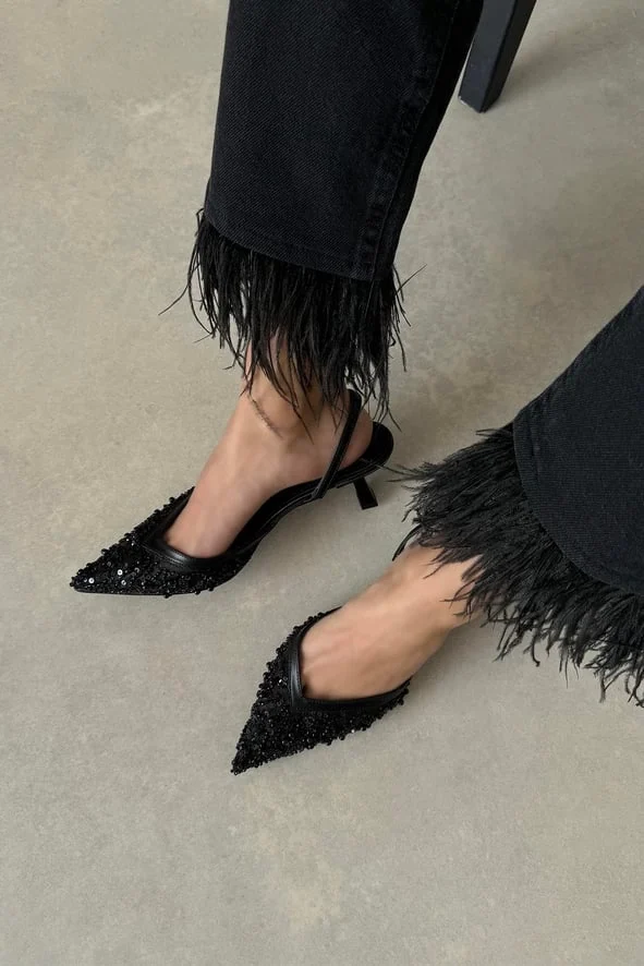 Mony Kadın Pul Detay Topuklu Ayakkabı Siyah Şık Abiye Stiletto