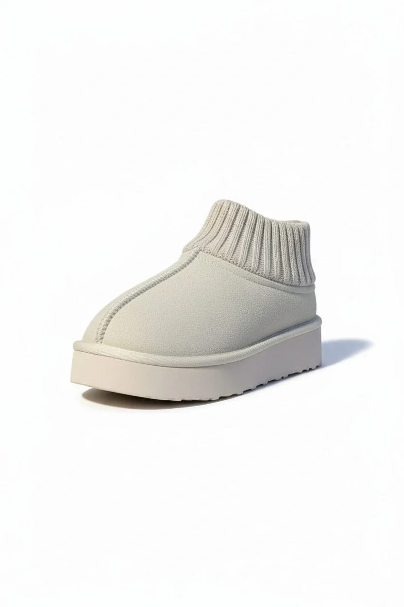 Triko Boğazlı Kalın Taban Kışlık İçi Kürklü Kadın Bot - Bej