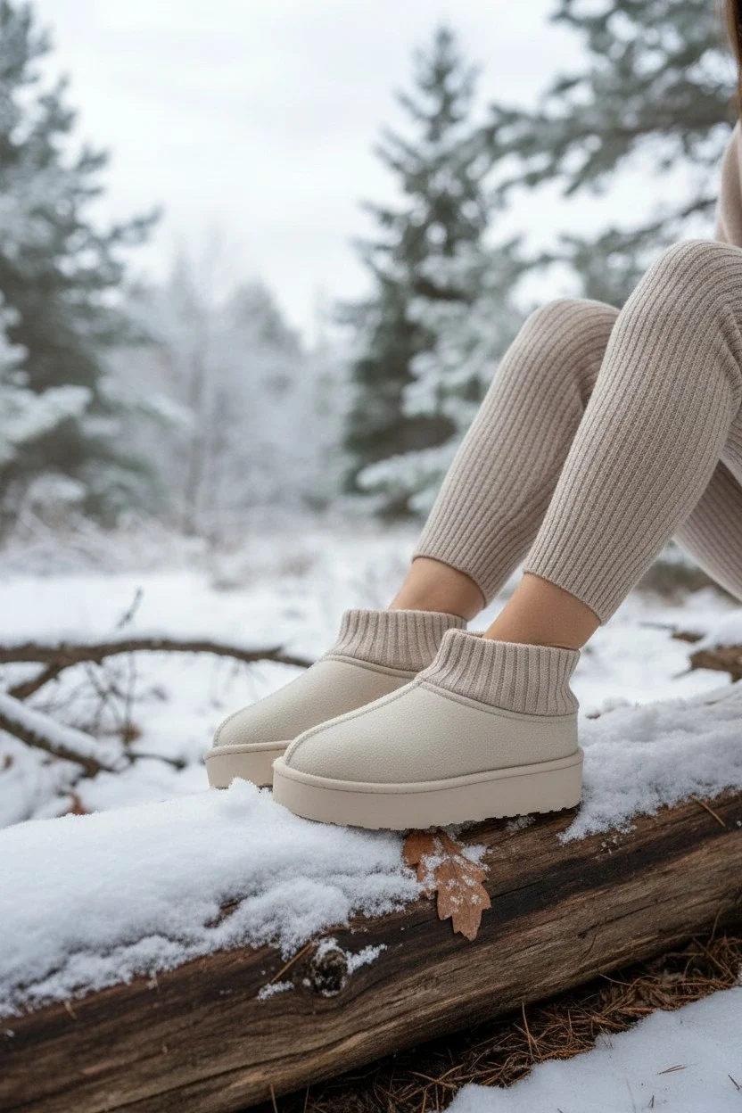 Triko Boğazlı Kalın Taban Kışlık İçi Kürklü Kadın Bot - Bej