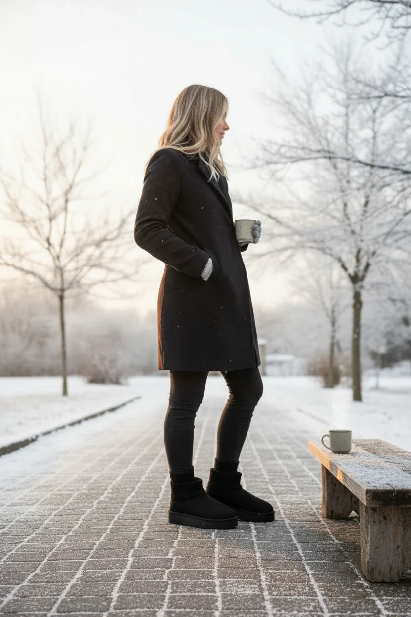 Triko Boğazlı Kalın Taban Kışlık İçi Kürklü Kadın Bot - Siyah