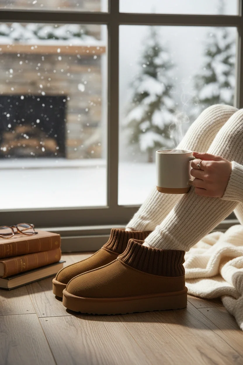 Triko Boğazlı Kalın Taban Kışlık İçi Kürklü Kadın Bot - Taba