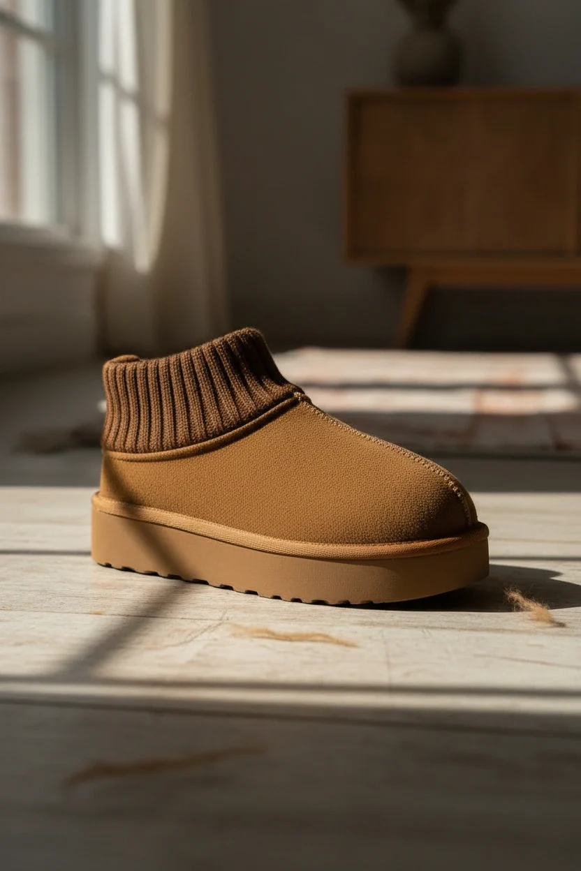 Triko Boğazlı Kalın Taban Kışlık İçi Kürklü Kadın Bot - Taba