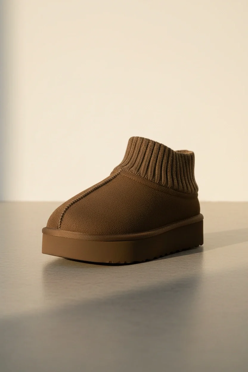 Triko Boğazlı Kalın Taban Kışlık İçi Kürklü Kadın Bot - Vizon