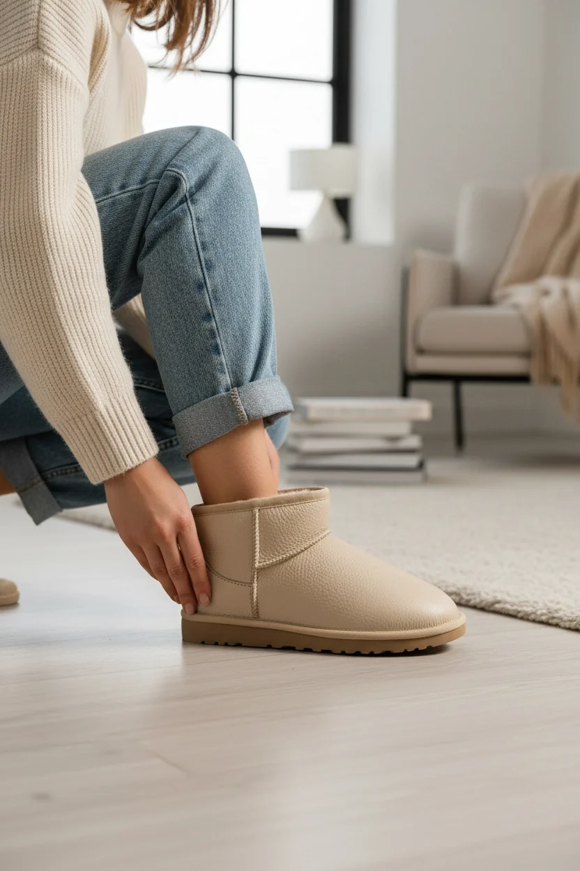 Ultra Mini Classic Süet İçi Kürklü Kadın Bot - Deri Bej