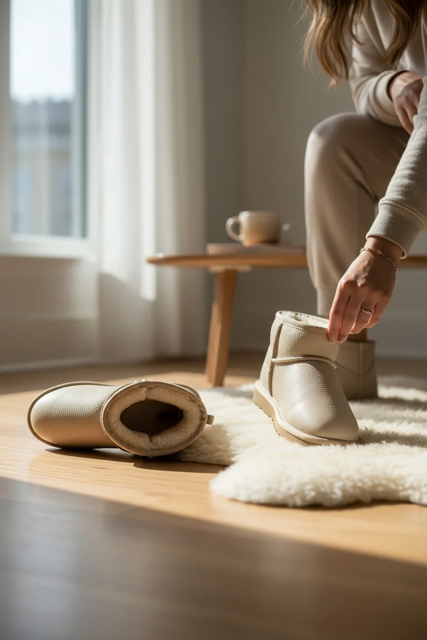 Ultra Mini Classic Süet İçi Kürklü Kadın Bot - Deri Bej