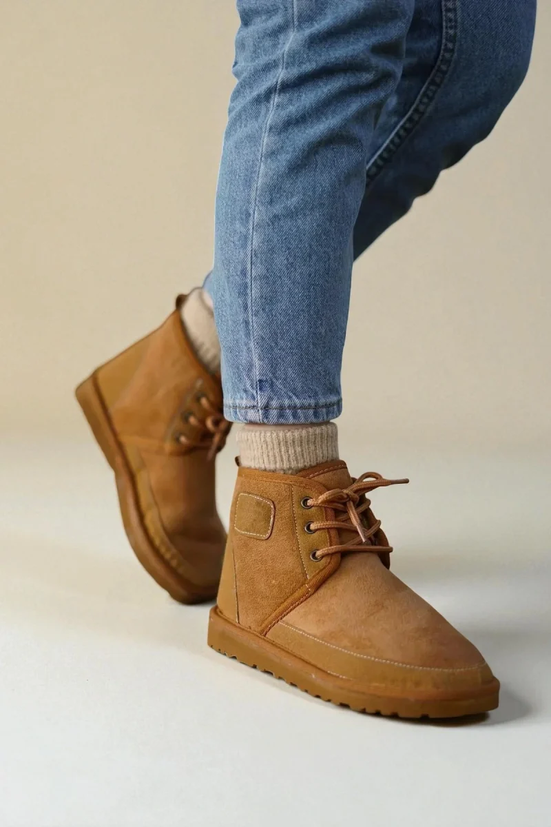 Bağcıklı Kışlık Süet İçi Kürklü Kadın Bot - Taba