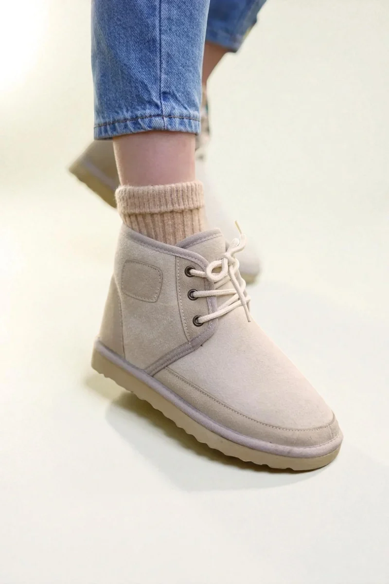 Bağcıklı Kışlık Süet İçi Kürklü Kadın Bot - Bej