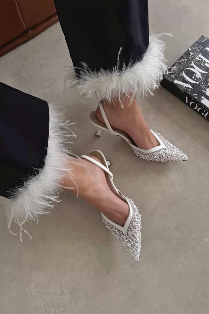 Mony Kadın Beyaz Pul Detaylı Topuklu Ayakkabı Şık Abiye Stiletto