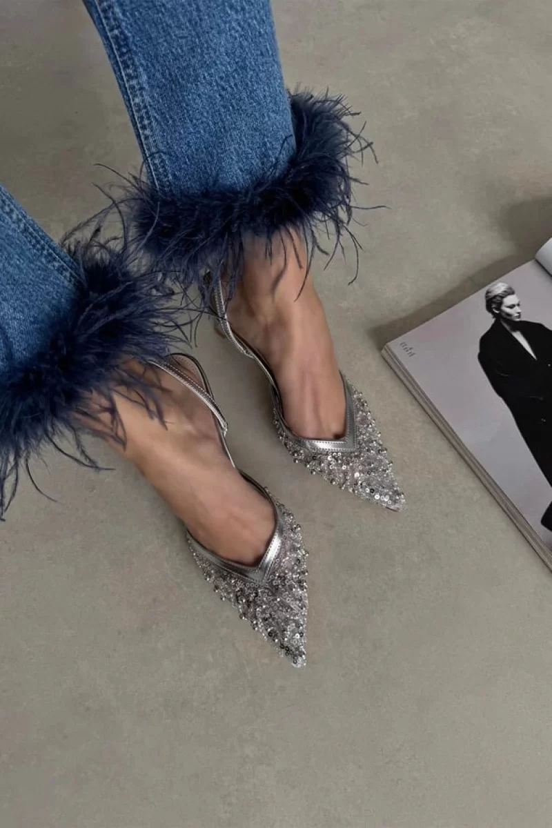 Mony Kadın Pul Detay Topuklu Ayakkabı Gümüş Şık Abiye Stiletto
