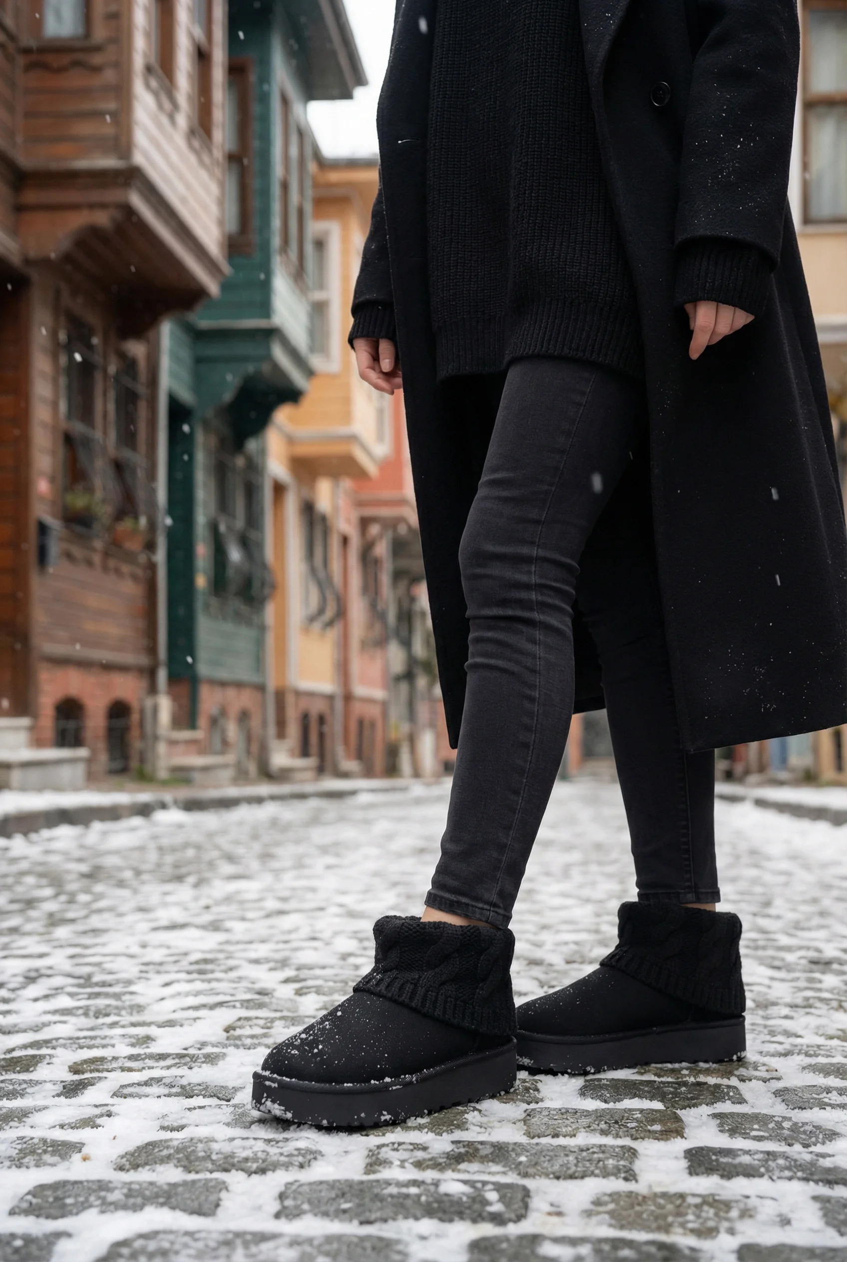 Kazaklı Süet Kalın Taban Kışlık İçi Kürklü Kadın Bot - Siyah