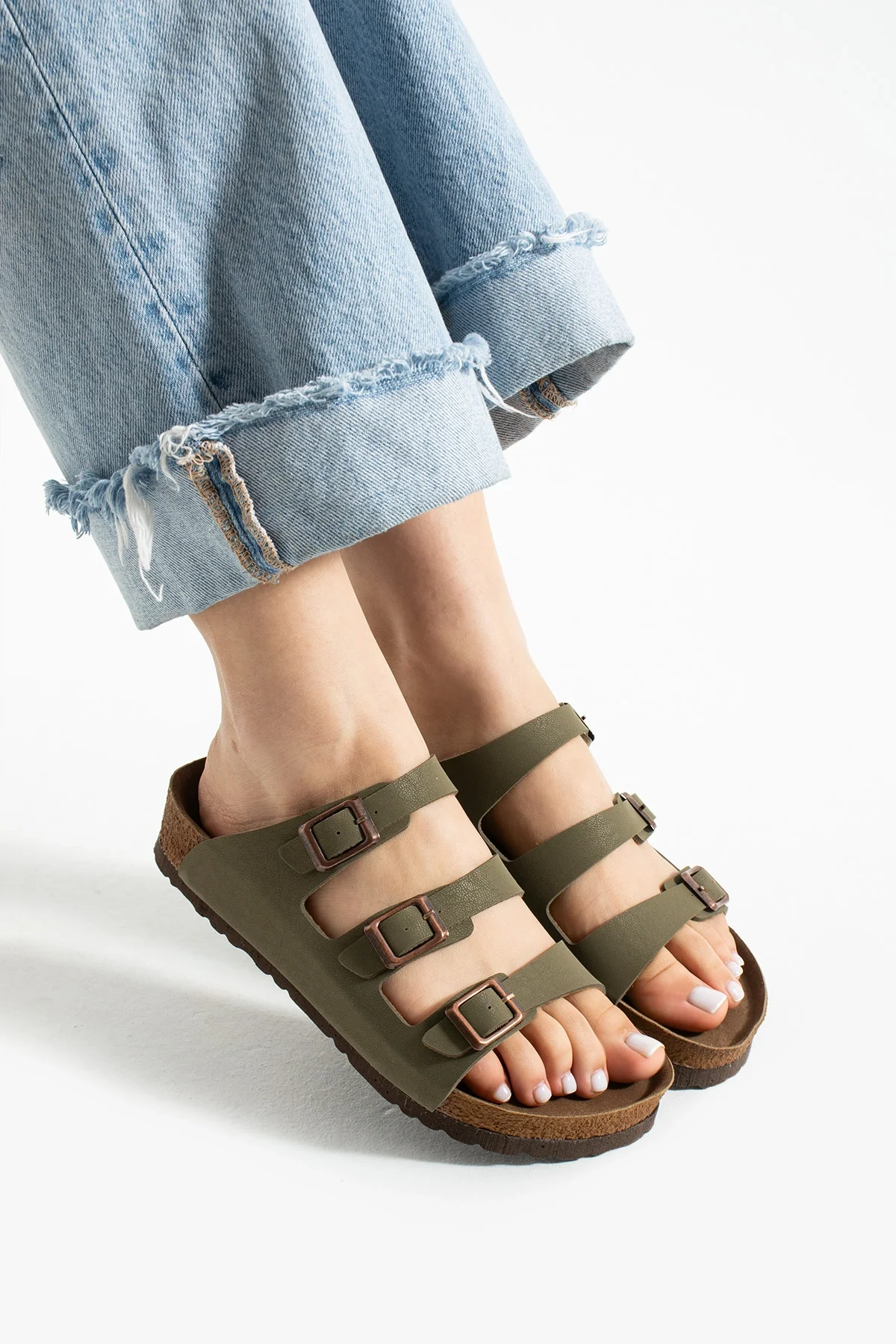 Womens 3-Buckle Anatomical Sole Sandals Comfortable Daily Summer - Khaki