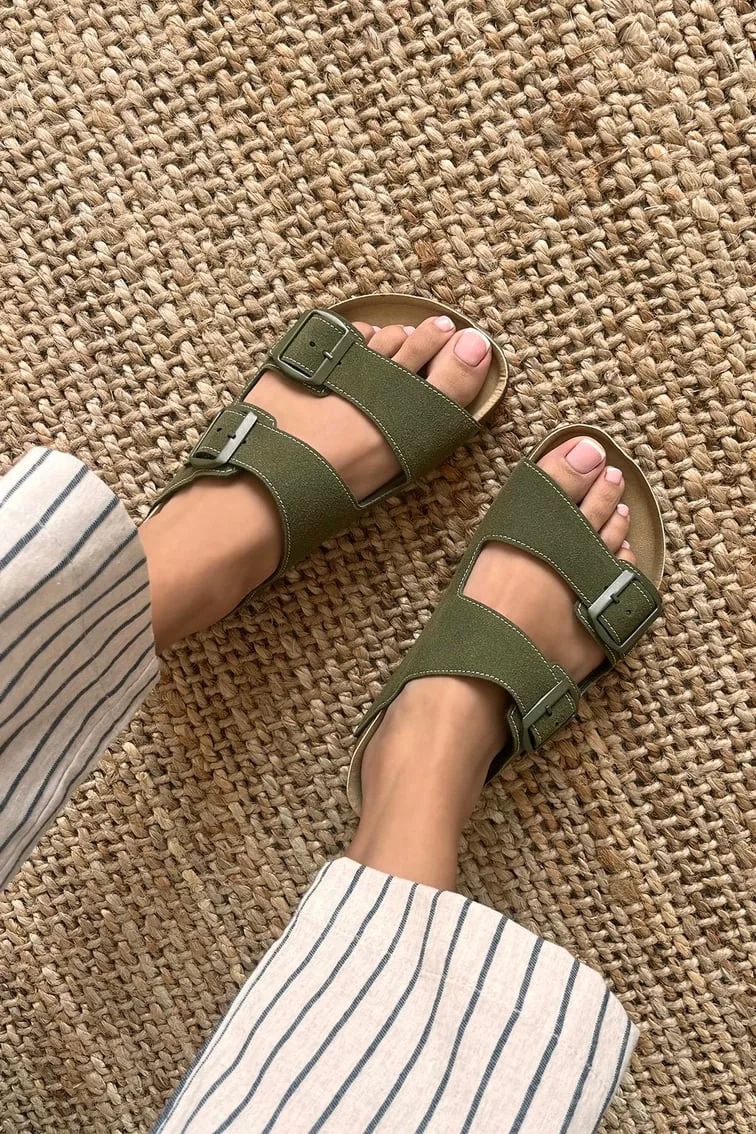 Terra Haki Deri Tozu Günlük Terlik - Dikişli, Ortopedik, Konforlu