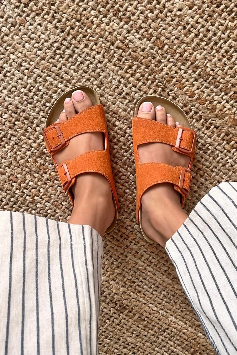 Terra Turuncu Deri Tozu Günlük Terlik - Dikişli, Ortopedik, Konforlu