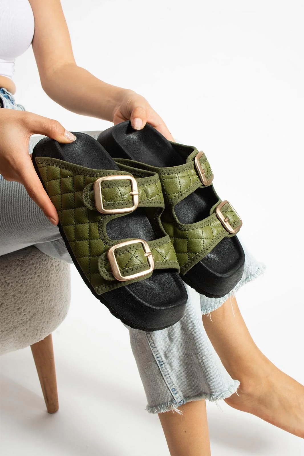 Kapitone Tokalı Ev Dış Mekan Kadın Terlik – Haki