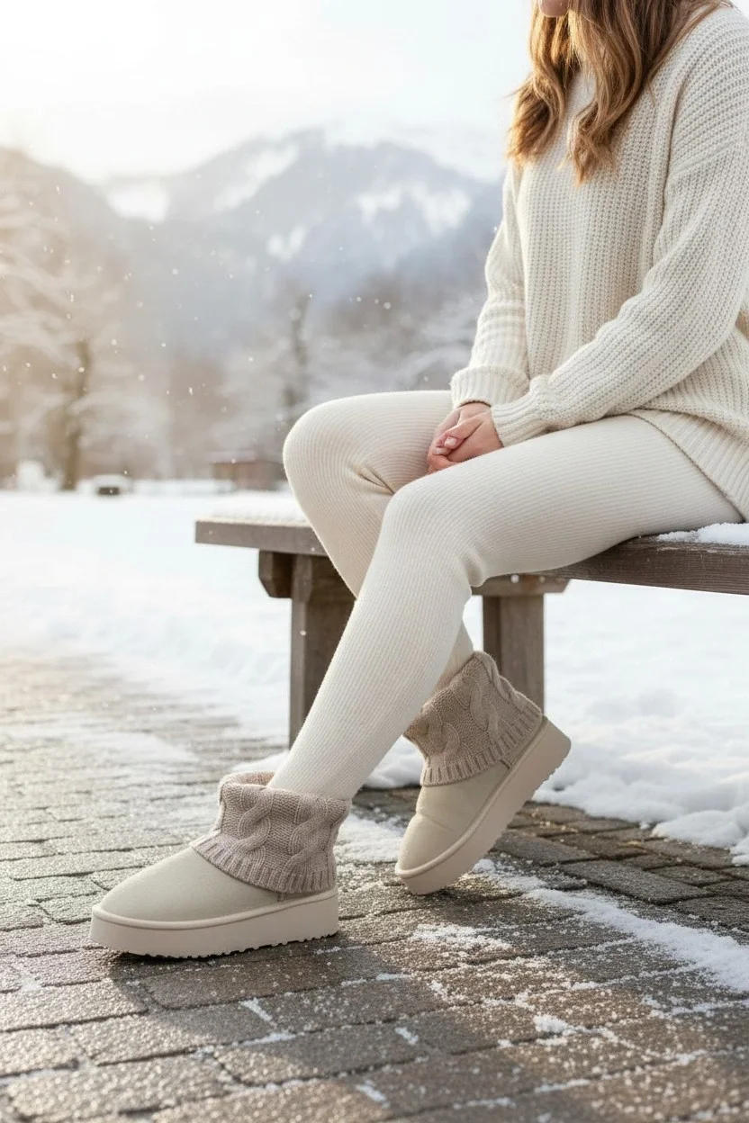 Kazaklı Süet Kalın Taban Kışlık İçi Kürklü Kadın Bot - Bej