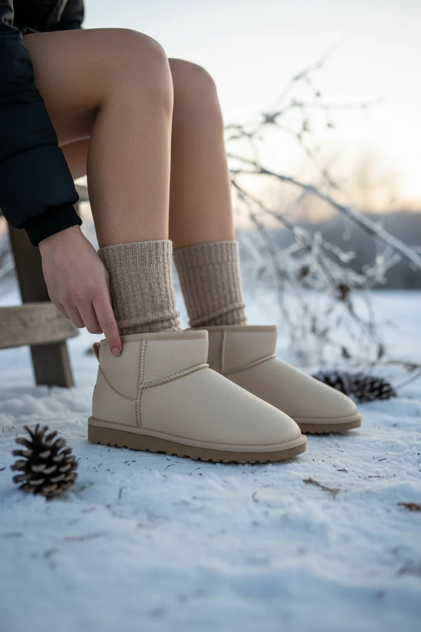 Ultra Mini Classic Süet İçi Kürklü Kadın Bot - Deri Bej