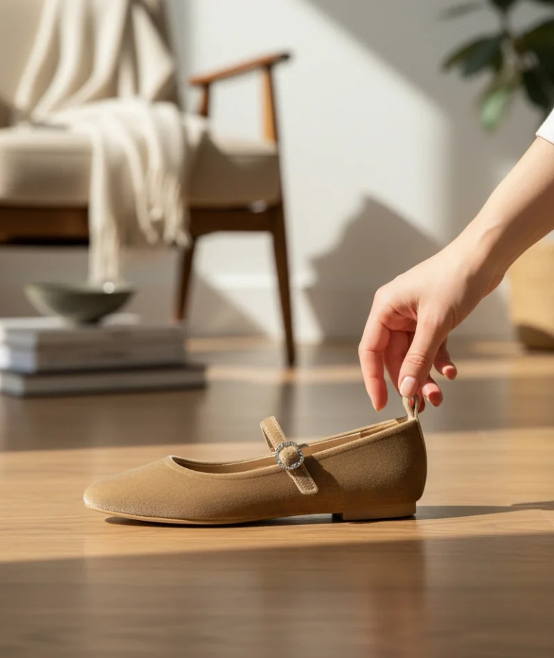 Burny Kadın Kemer Detay Kadife Babet Vizon