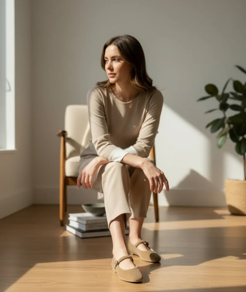 Burny Kadın Kemer Detay Kadife Babet Vizon