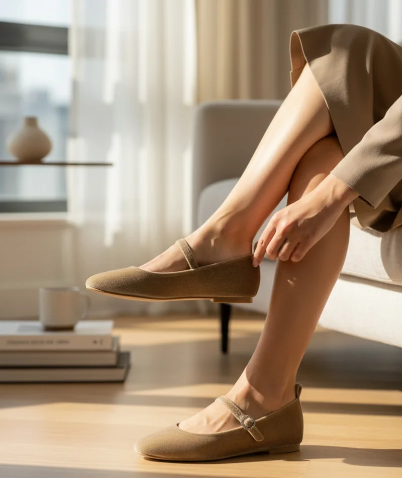 Burny Kadın Kemer Detay Kadife Babet Vizon