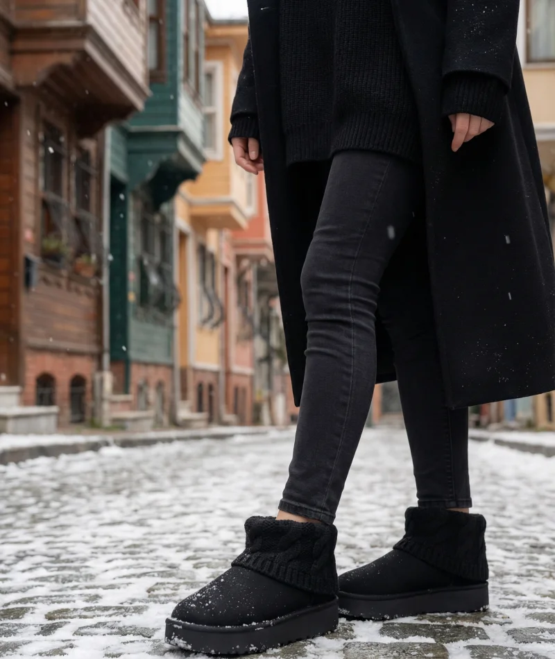 Kazaklı Süet Kalın Taban Kışlık İçi Kürklü Kadın Bot - Siyah