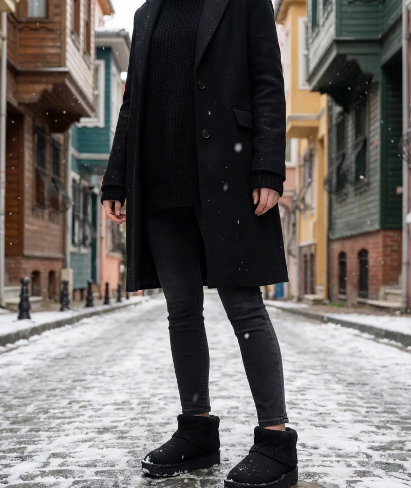 Kazaklı Süet Kalın Taban Kışlık İçi Kürklü Kadın Bot - Siyah