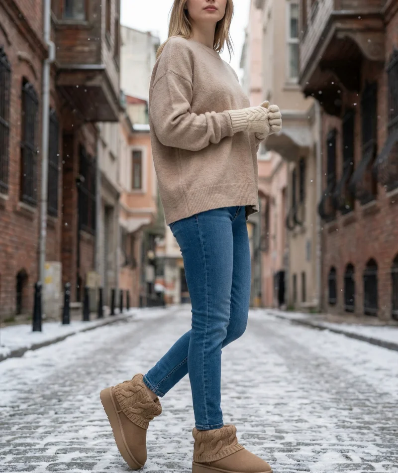 Kazaklı Süet Kalın Taban Kışlık İçi Kürklü Kadın Bot - Vizon