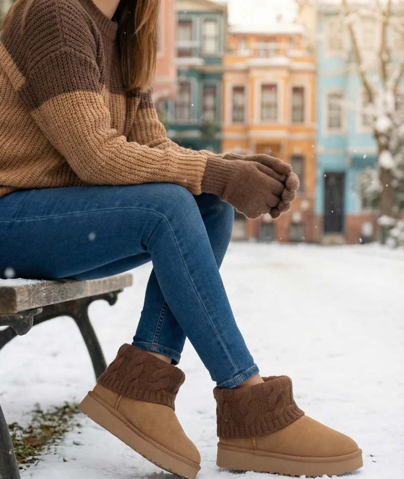 Kazaklı Süet Kalın Taban Kışlık İçi Kürklü Kadın Bot - Taba