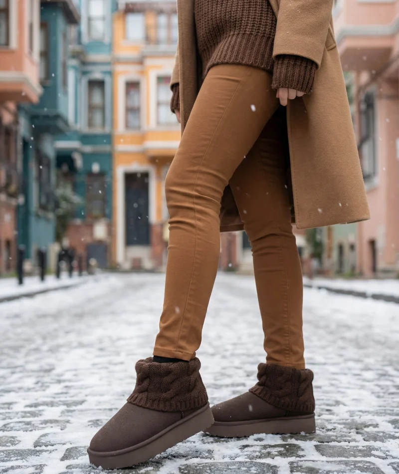 Kazaklı Süet Kalın Taban Kışlık İçi Kürklü Kadın Bot - Kahve