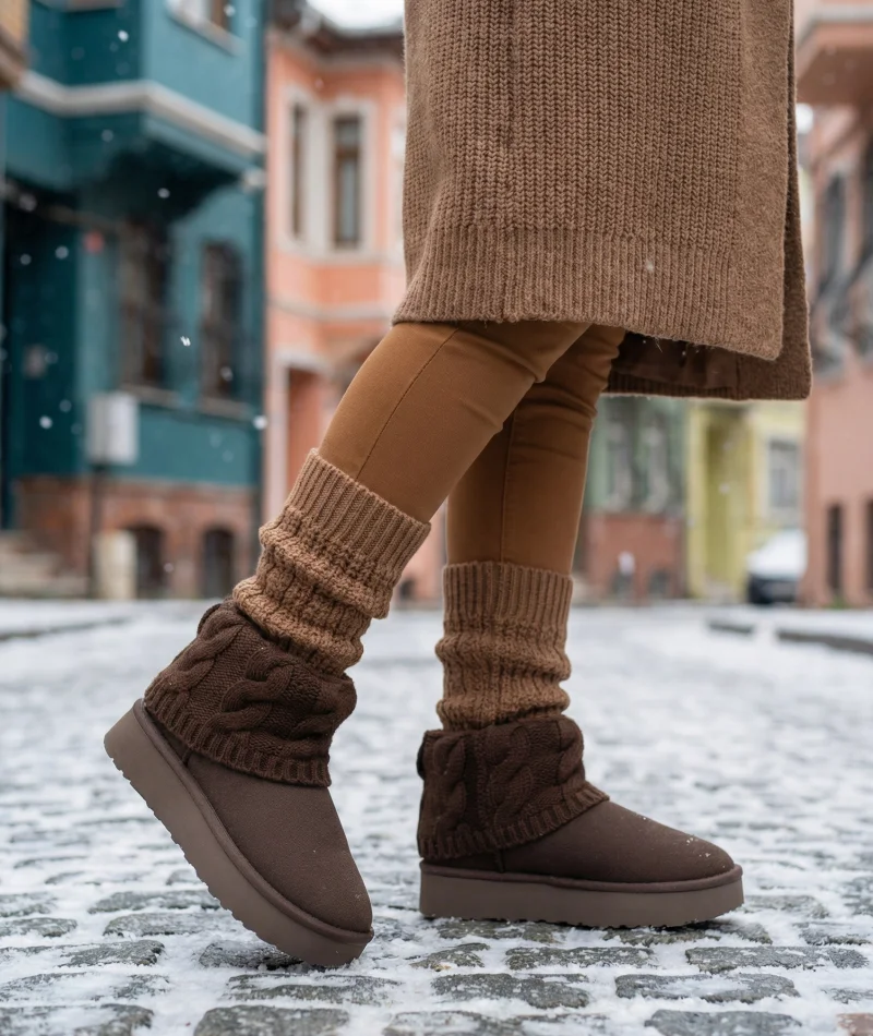 Kazaklı Süet Kalın Taban Kışlık İçi Kürklü Kadın Bot - Kahve