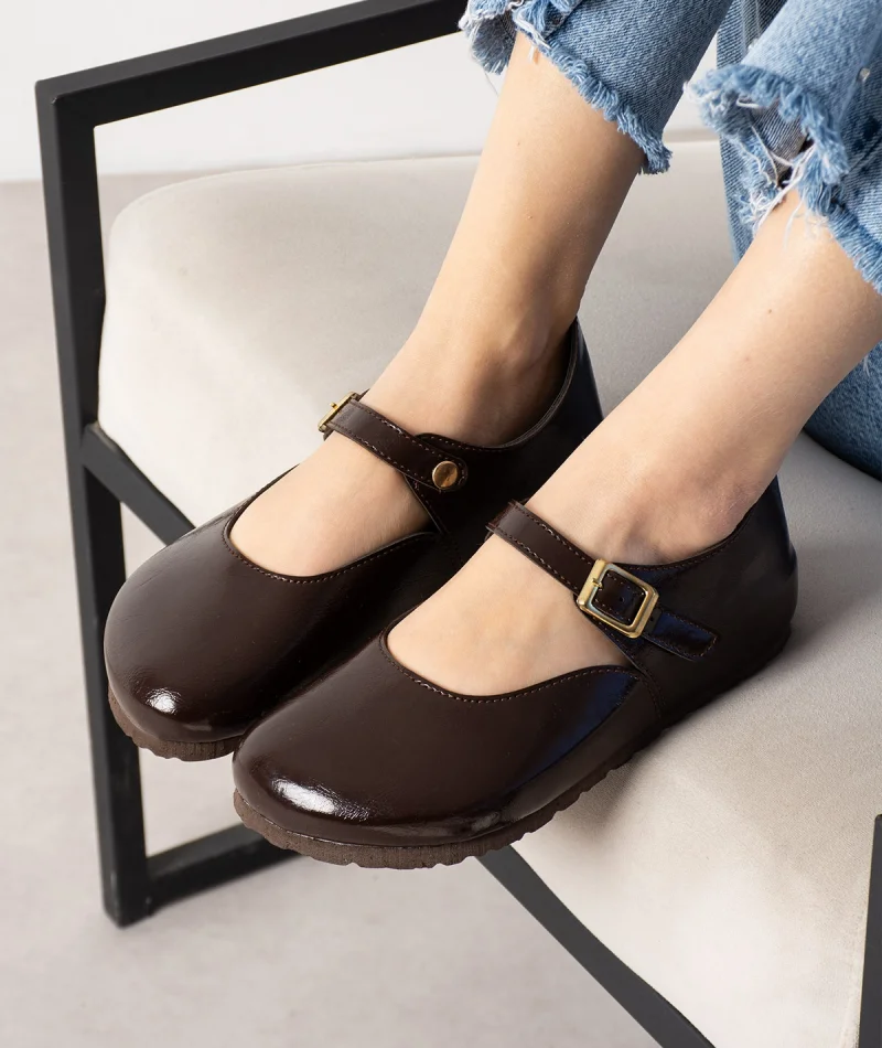 Alora Minimal Kadın İthal Kumaş Babet - Parlak Kahve