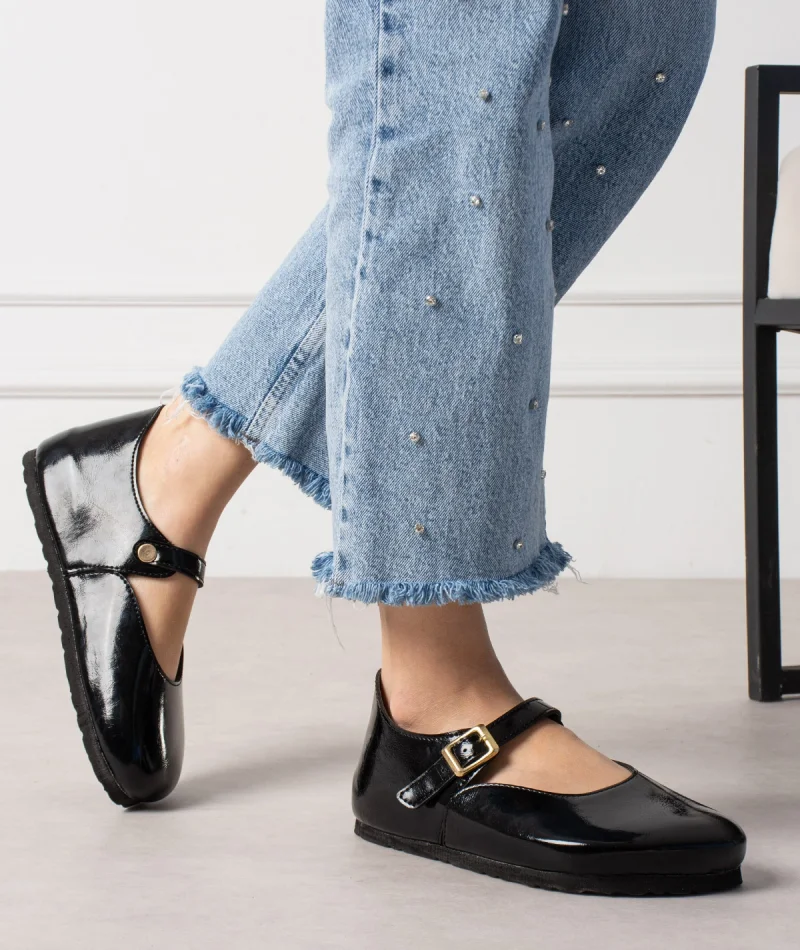 Alora Minimal Kadın İthal Kumaş Babet - Parlak Siyah