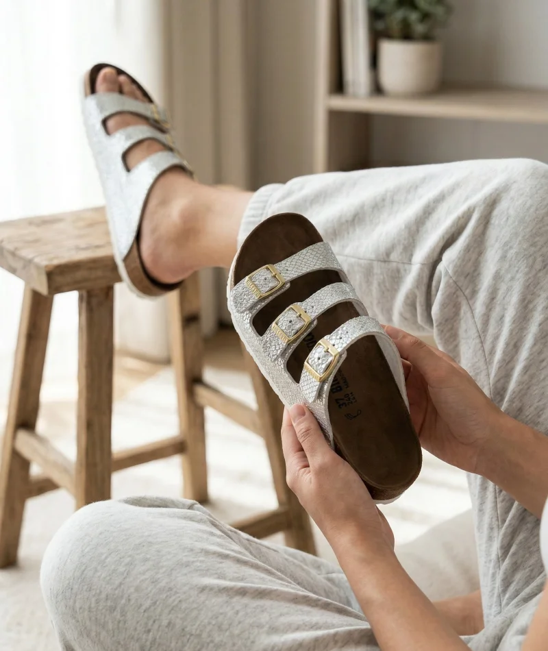 Luxe Kadın Terlik 3 Bantlı Anatomik Taban Rahat Şık Terlik - Gümüş