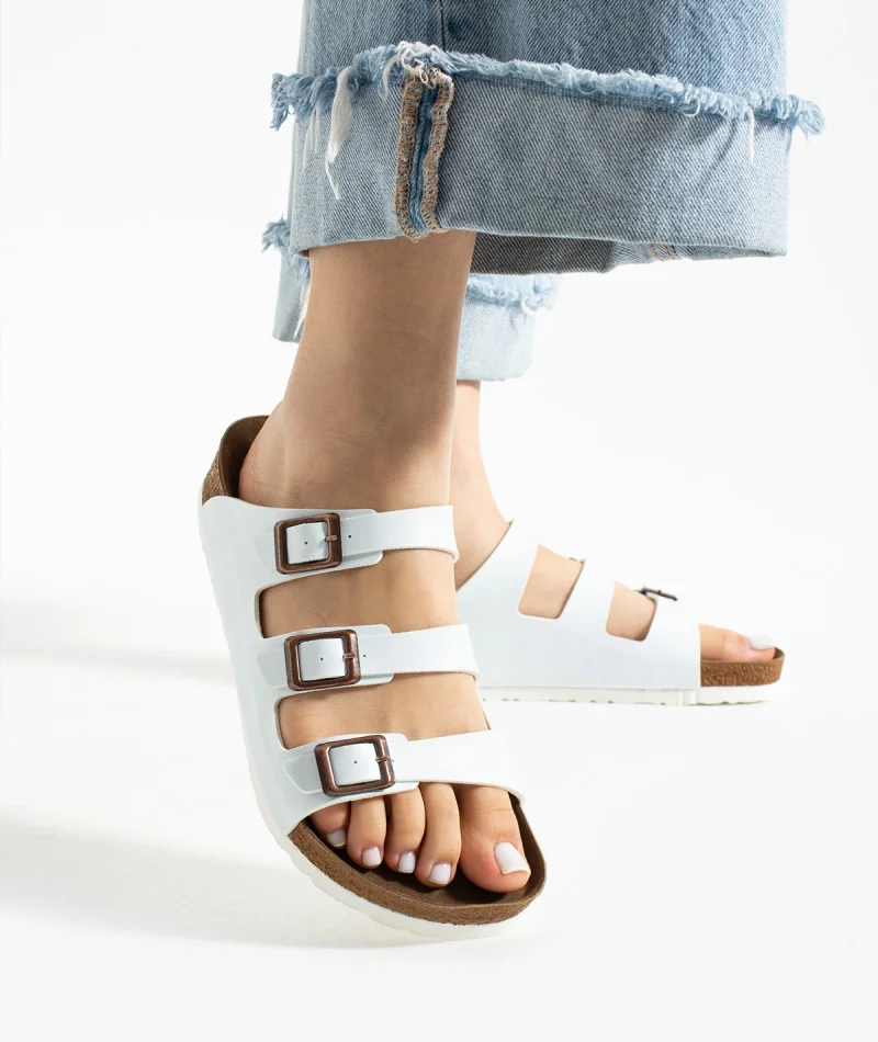 Womens 3-Buckle Anatomical Sole Slippers Comfortable Casual Summer - White