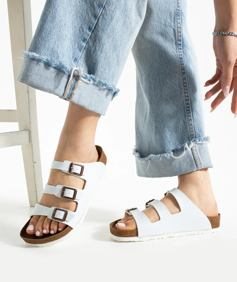 Womens 3-Buckle Anatomical Sole Slippers Comfortable Casual Summer - White