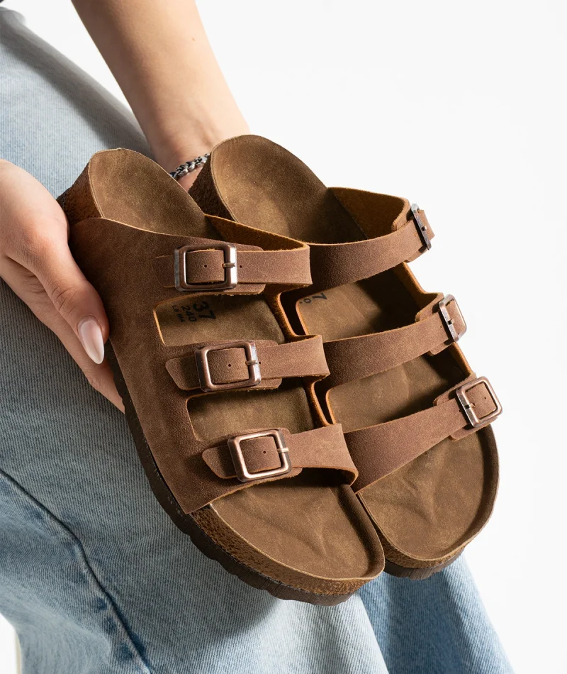 Kadın 3 Tokalı Anatomik Taban Terlik Rahat Günlük Yazlık - Taba