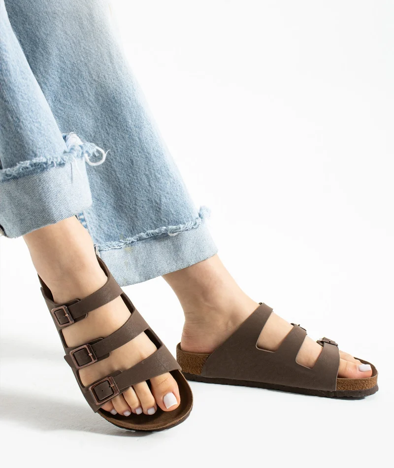 Women 3 Buckle Anatomical Sole Slippers Comfortable Casual Summer - Mink