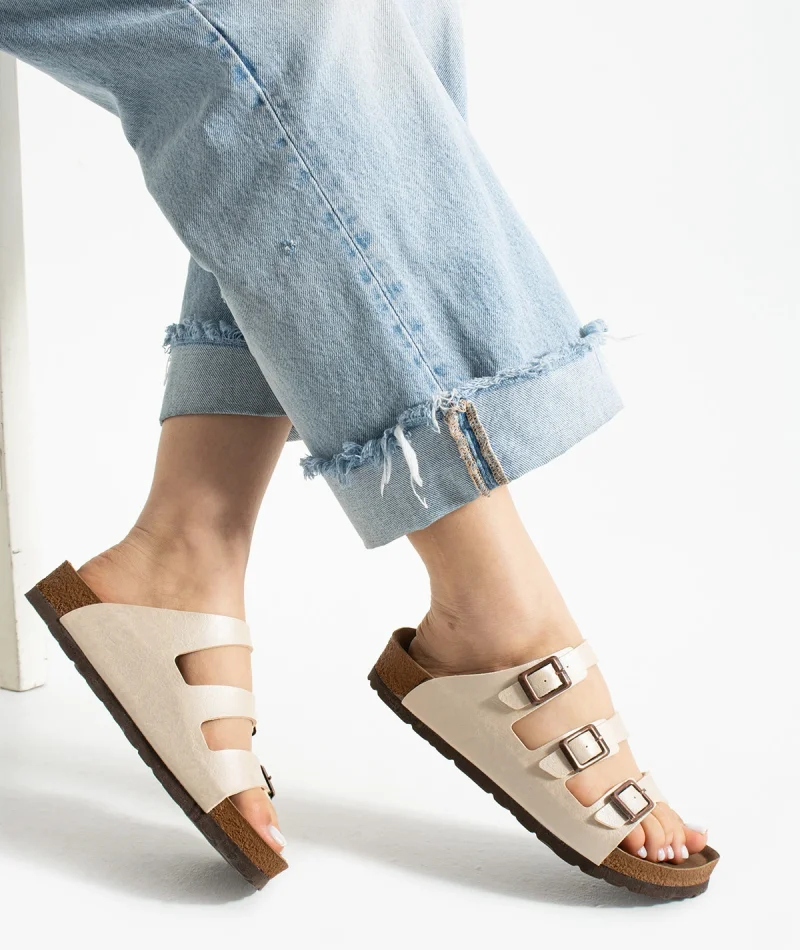 Kadın 3 Tokalı Anatomik Taban Terlik Rahat Günlük Yazlık - Bej