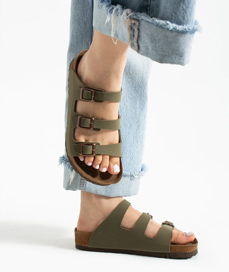 Womens 3-Buckle Anatomical Sole Sandals Comfortable Daily Summer - Khaki