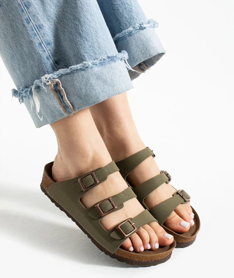 Womens 3-Buckle Anatomical Sole Sandals Comfortable Daily Summer - Khaki