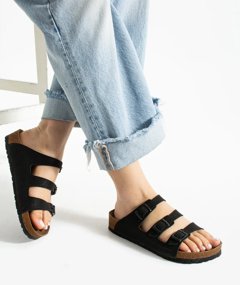 Kadın 3 Tokalı Anatomik Taban Terlik Rahat Günlük Yazlık - Siyah