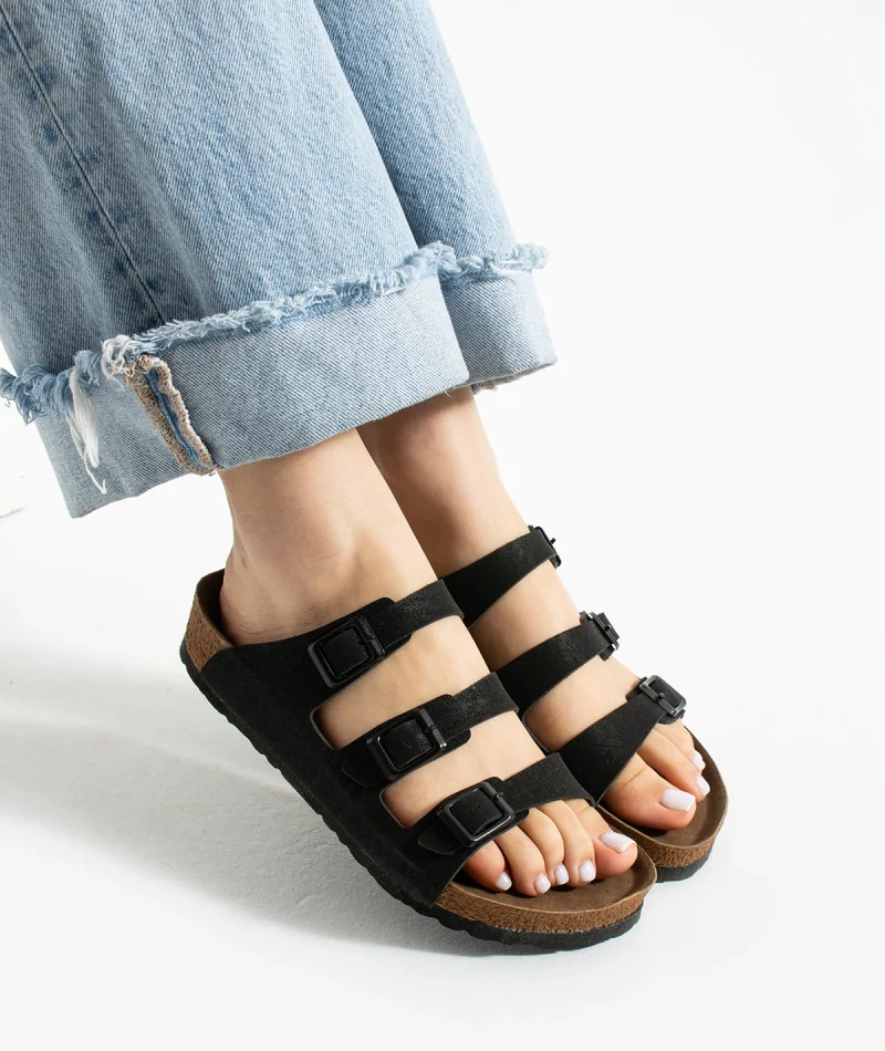 Kadın 3 Tokalı Anatomik Taban Terlik Rahat Günlük Yazlık - Siyah