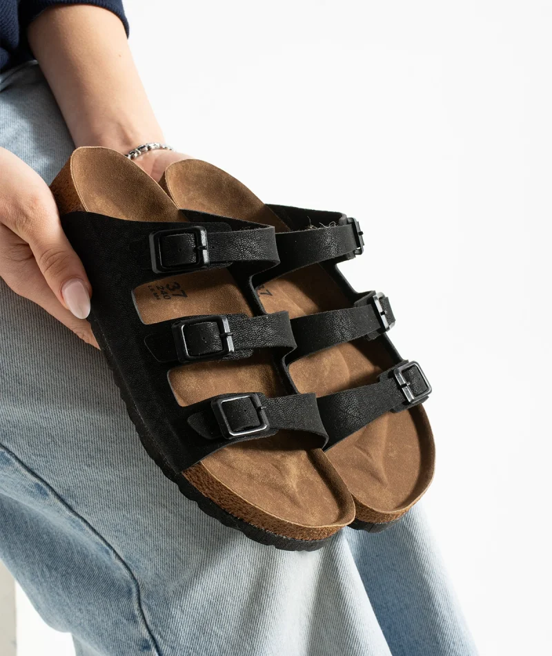 Kadın 3 Tokalı Anatomik Taban Terlik Rahat Günlük Yazlık - Siyah