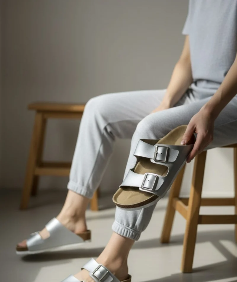 Kadın Gümüş Çift Tokalı Terlik Ortopedik Taban Günlük Rahat Yazlık Terlik