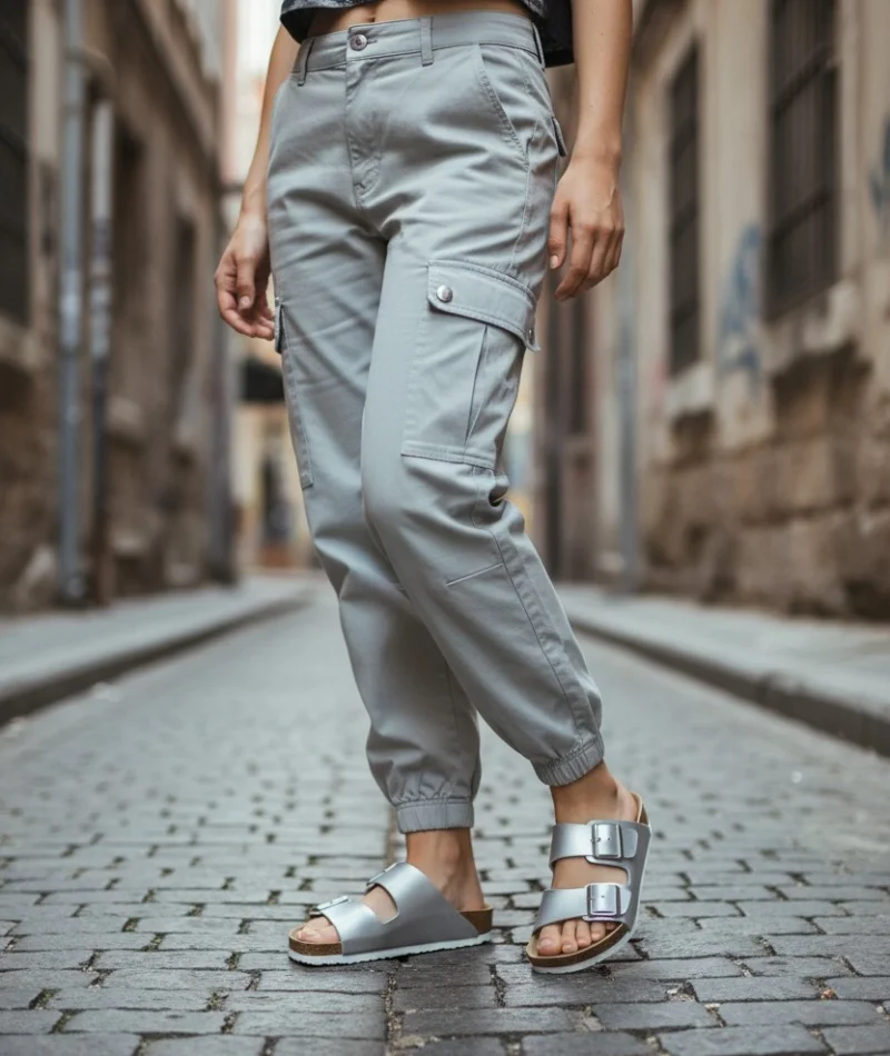 Kadın Gümüş Çift Tokalı Terlik Ortopedik Taban Günlük Rahat Yazlık Terlik