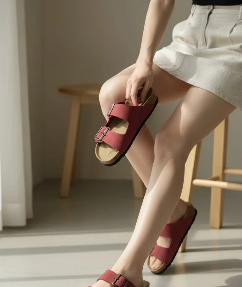 Kadın Kırmızı Çift Tokalı Terlik Ortopedik Taban Günlük Rahat Yazlık Terlik