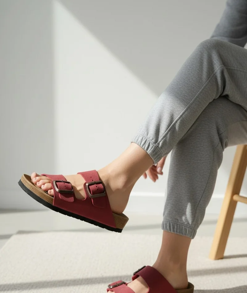 Kadın Kırmızı Çift Tokalı Terlik Ortopedik Taban Günlük Rahat Yazlık Terlik