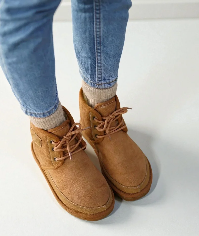 Bağcıklı Kışlık Süet İçi Kürklü Kadın Bot - Taba