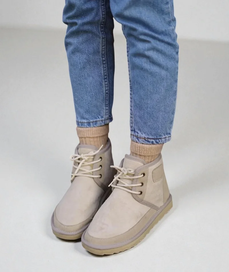 Lace-up Winter Suede Fur Lined Womens Boots - Beige