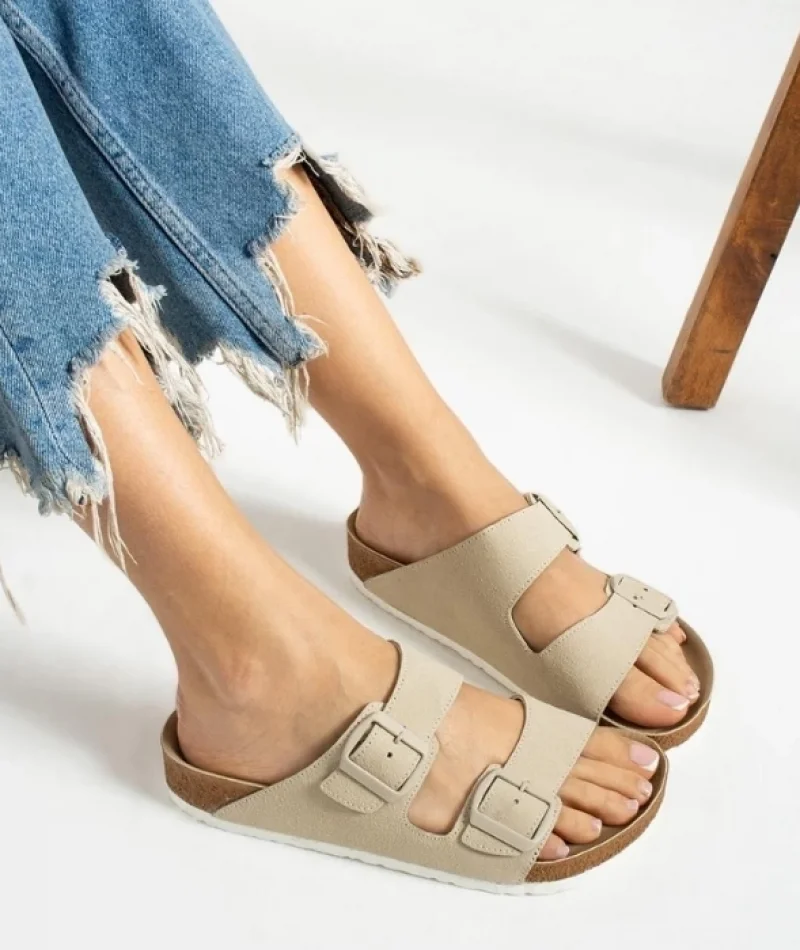 Terra Bej Deri Tozu Günlük Terlik - Dikişli, Ortopedik, Konforlu